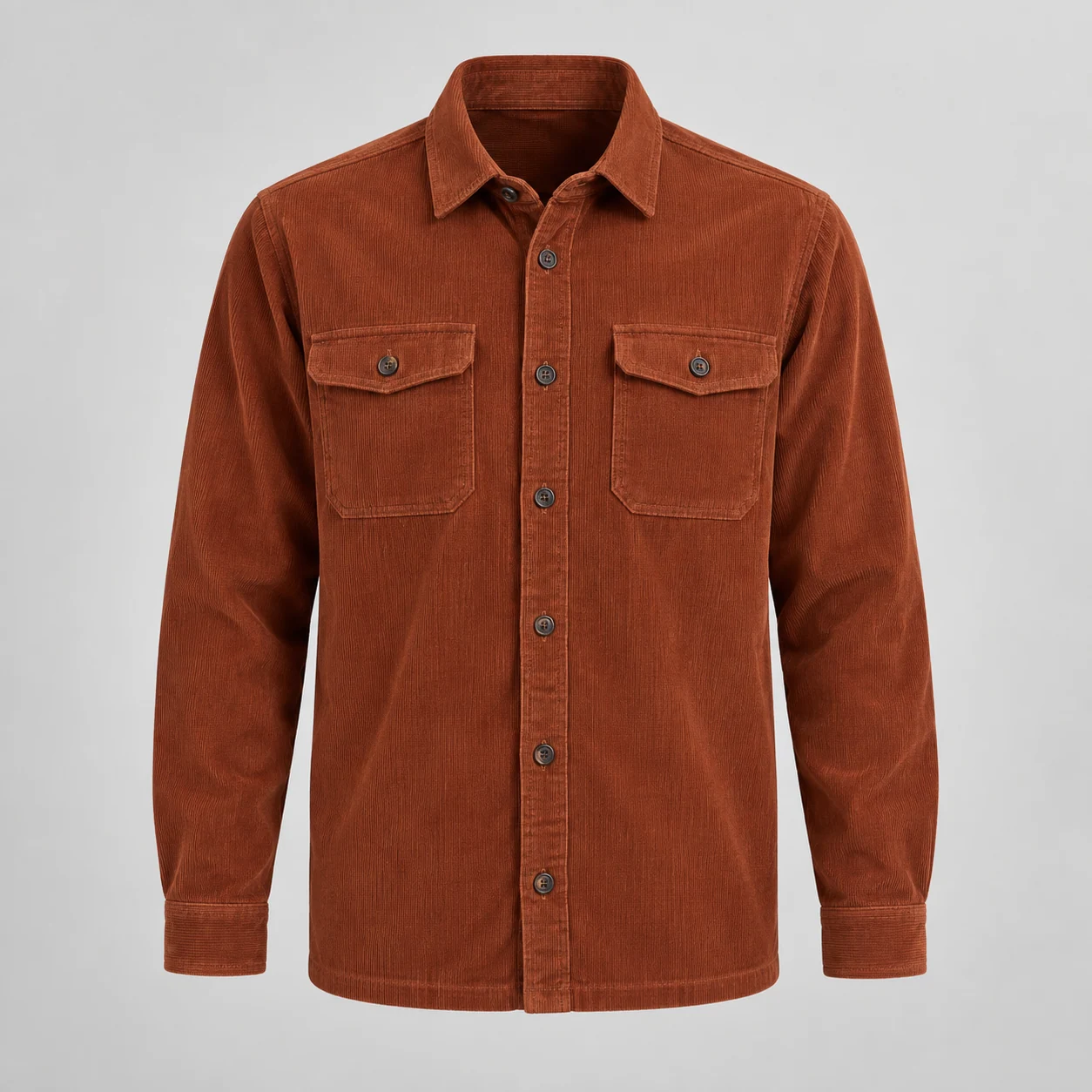 Ridge Cord Overshirt in rust, clothing product photograph